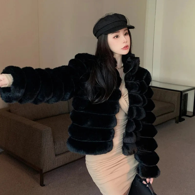 cold weather outfits JazzHer Winter Fashionable French Style Elegant Slimming Faux Fur Jacket For Women Cropped Top Coat Of Genuine Leather For Socializing