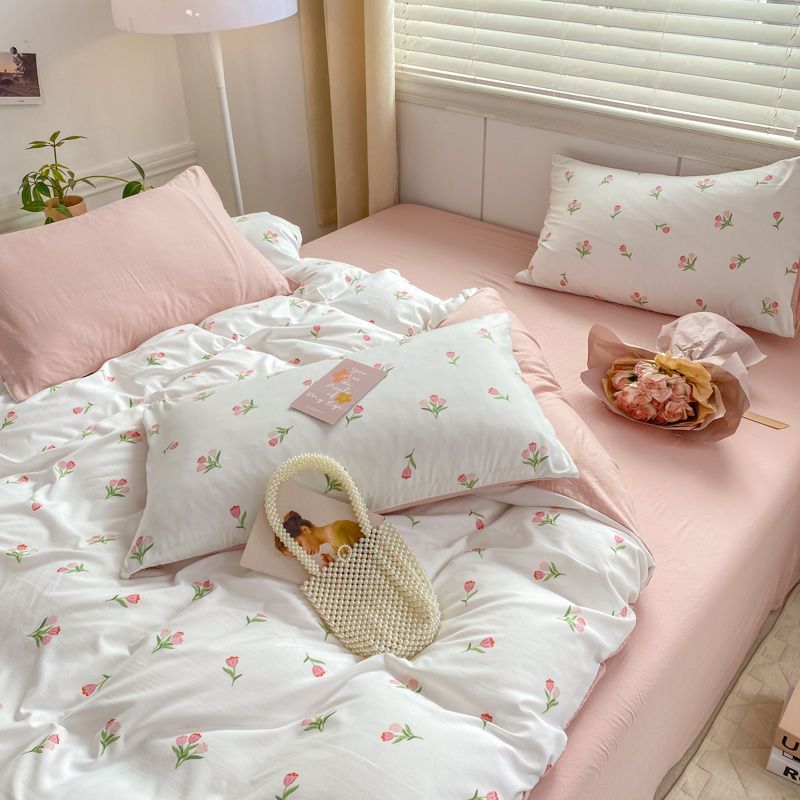 JazzHer Romantic Tulip Pink Bedding Set Bed Flat Sheet Pillowcase Twin Full Queen Princess Style Bed Linen Kids Girls Floral Duvet Cover