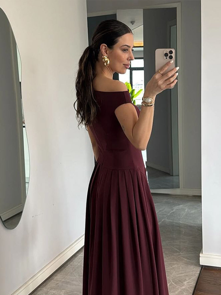 JazzHer Women Elegant Wine Red Irregular Neck Slim Dress Fashion Sleeveless High Waist Pleated Hem Dresses 2025 Chic Lady Party Robes