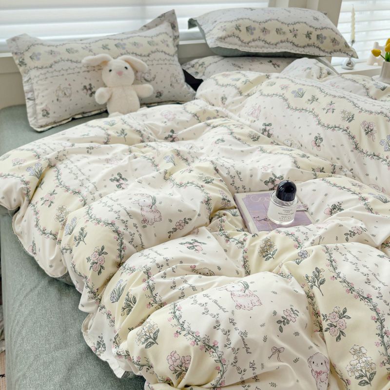 JazzHer Green Floral Bedding Set No Filler Ins Twin Queen Duvet Cover Flat Sheet Pillowcase Girls Adults Fashion Comforter Cover