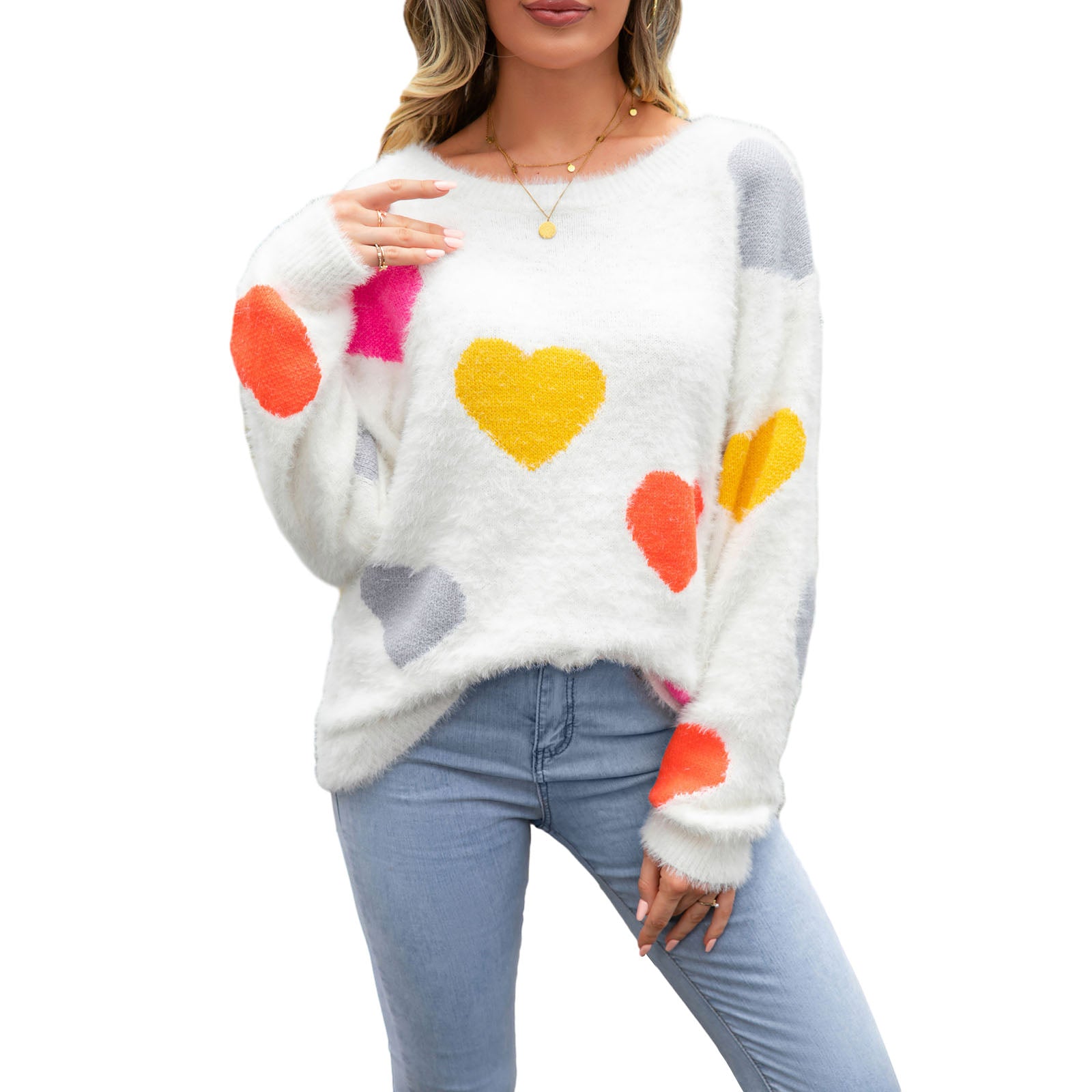 thanksgiving outfit JazzHer Valentine s Day Women Fuzzy Knit Sweater Long Sleeve Round Neck Heart Print Warm Pullover Sweater Fall Winter