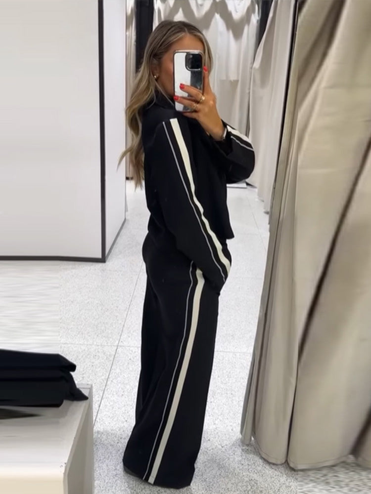 JazzHer Contast Color Coat Trosusers Suits Women Striped Lapel Long Sleeves Zipper Lady Sports Jacket Wide Leg Pant Female Two Piece Set