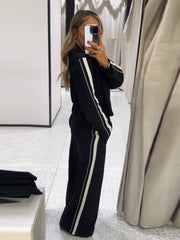 JazzHer Contast Color Coat Trosusers Suits Women Striped Lapel Long Sleeves Zipper Lady Sports Jacket Wide Leg Pant Female Two Piece Set
