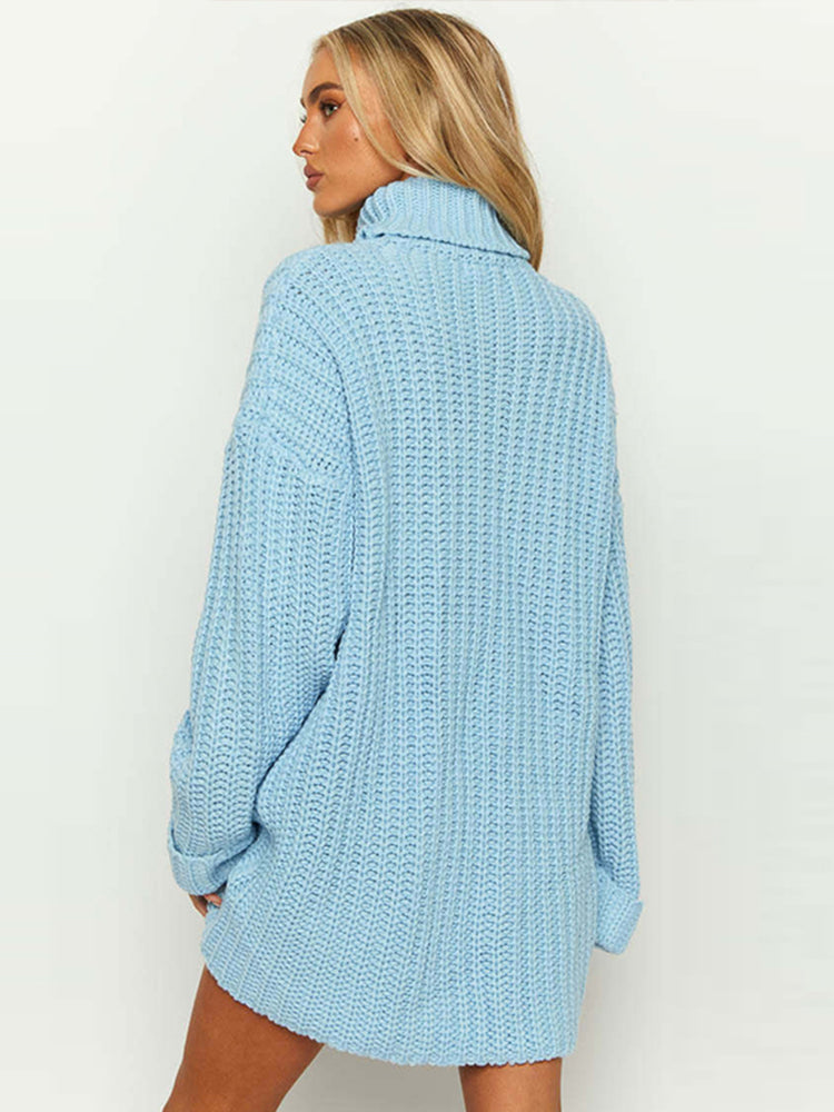 JazzHer Knitted Women Sweater Dress Elegant Turtleneck Flare Sleeve Loose Korean Lady Midi Dresses 2025 New Fall Winter Thick Simplicity