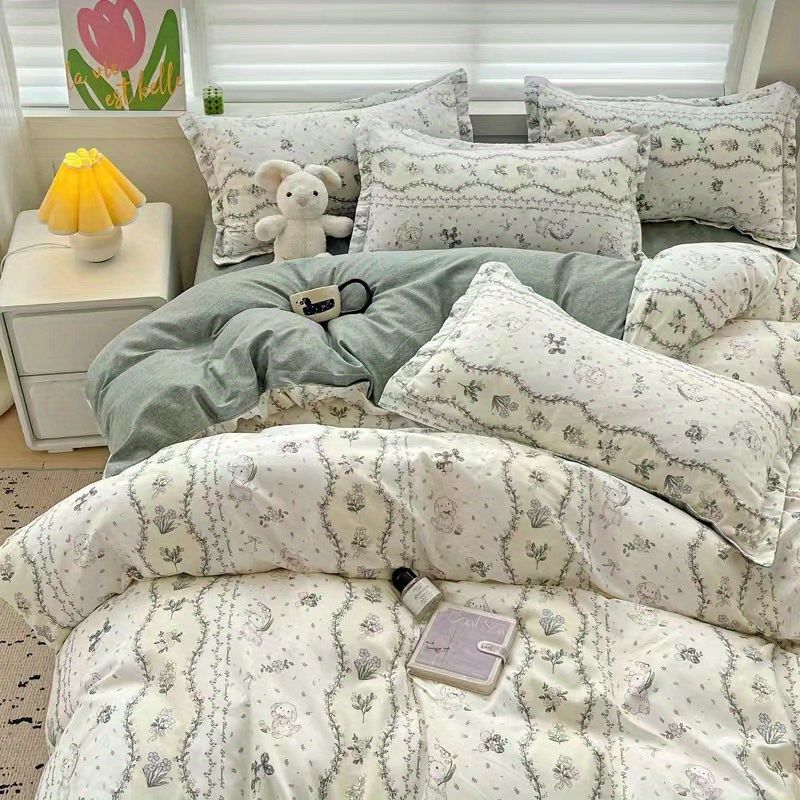 JazzHer Korean Red Heart Bedding Set No Filler Twin Queen Duvet Cover Flat Sheet Pillowcase Girls Adults Fashion Floral Home Textile