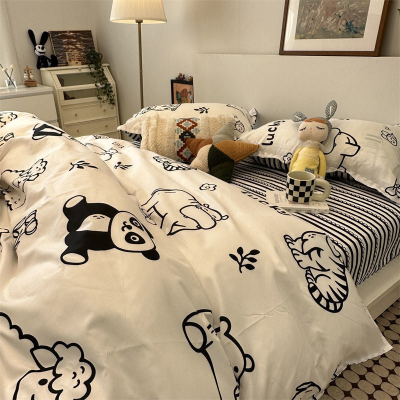 JazzHer Cute Bear Bedding Set Cartoon Floral And Animal Duvet Cover Blue Flat Sheet Soft Polyester Kawaii Queen Full Size Bed Linen