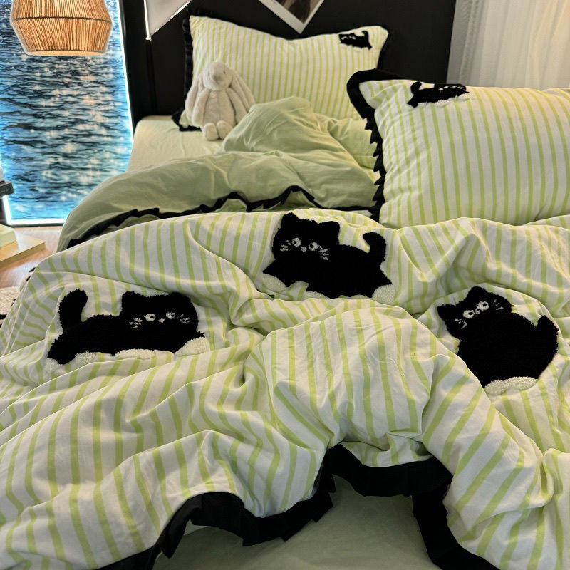 JazzHer Pink Striped Cat Embroidery Bedding Set Korean Style Washing Cotton Cute Cardboard Duvet Cover Bed Sheet Pillowcases 3/4pcs