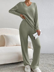 thanksgiving outfit JazzHer Casual Knitted Ribbed Pants Sets Women Solid Loose V Neck Long Sleeve Pullover Long Trousers 2024 Autumn New in Matching Outfits