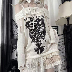 JazzHer Sweater Y2k Tops Punk Skull Gothic Women Clothes Winter Streetwear Hole Kawaii Loose Outerwears Pullovers Sweater Femme Clothing
