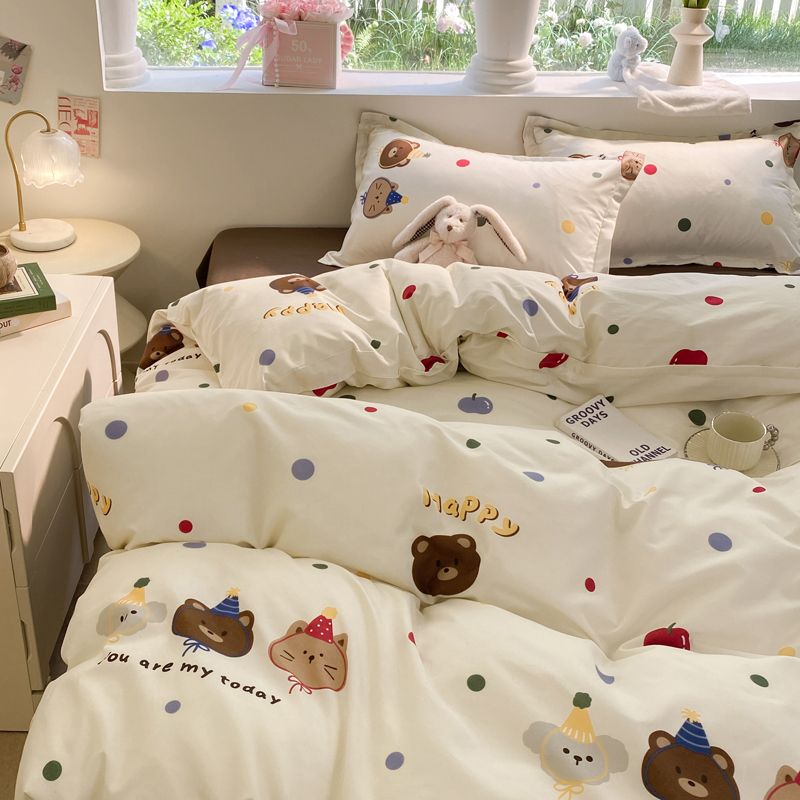 JazzHer Kawaii Bear Bedding Set No Filler Ins Single Queen Size Duvet Cover Flat Sheet Pillowcase Kids Adult Boys Home Hotel Bed Linens