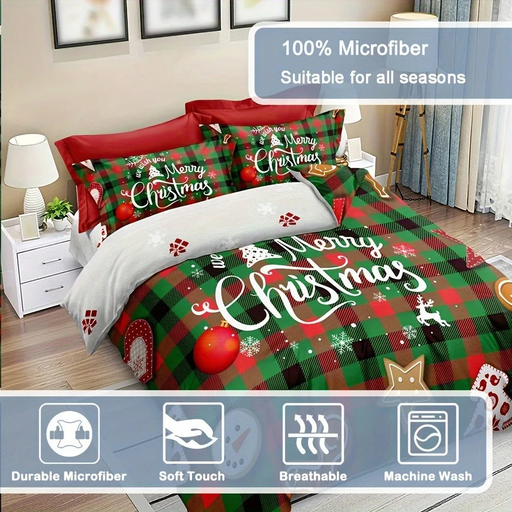 JazzHer 3-Piece Christmas Theme Duvet Cover Set - Soft, Breathable, Comfortable Bedding with Vibrant Tree, Gingerbread Man, and Snowflak