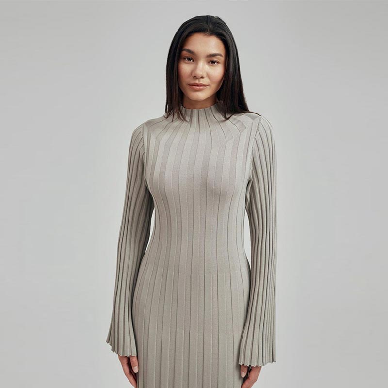 JazzHer Elegant Knit Ribbed Long Dress Women Solid Half High Collar Flare Sleeve Pleated Party Dresses 2024 Autumn Lady Straight Gown