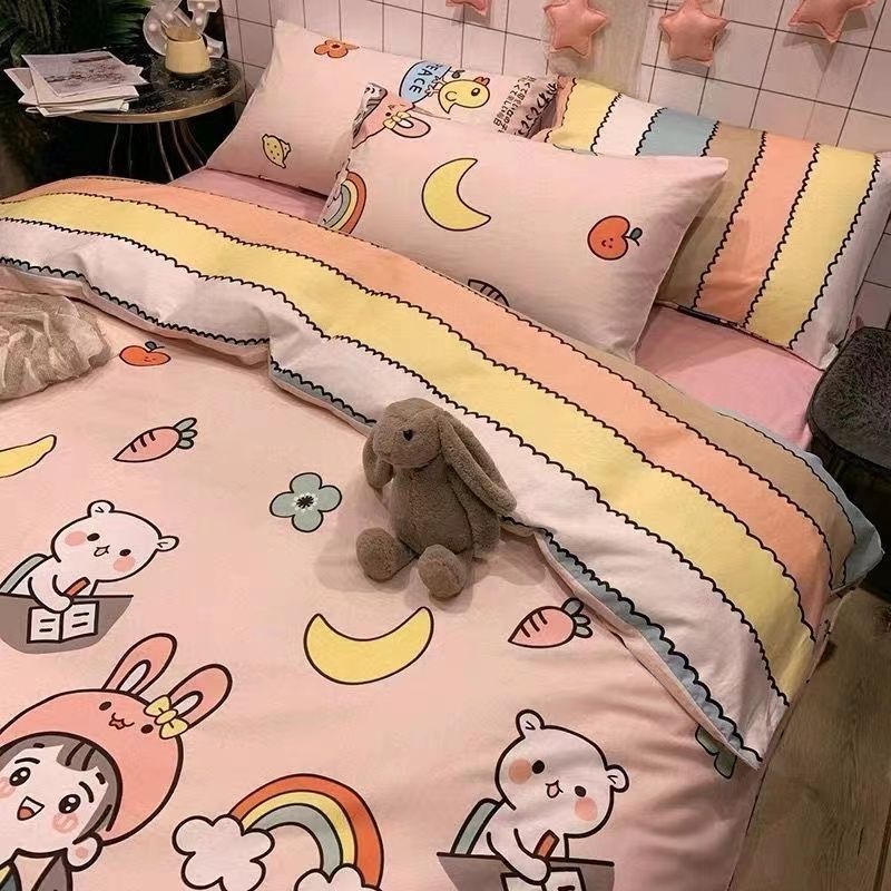 JazzHer Korean Style Cartoon Sheep Bedding Set Girls Kids Twin Full Queen Size Bed Flat Sheet Duvet Cover Pillowcases Bed Linen Kawaii