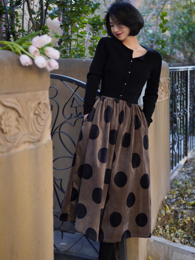 Jazzher Birch Brown Polka Dot Velvet Umbrella Skirt