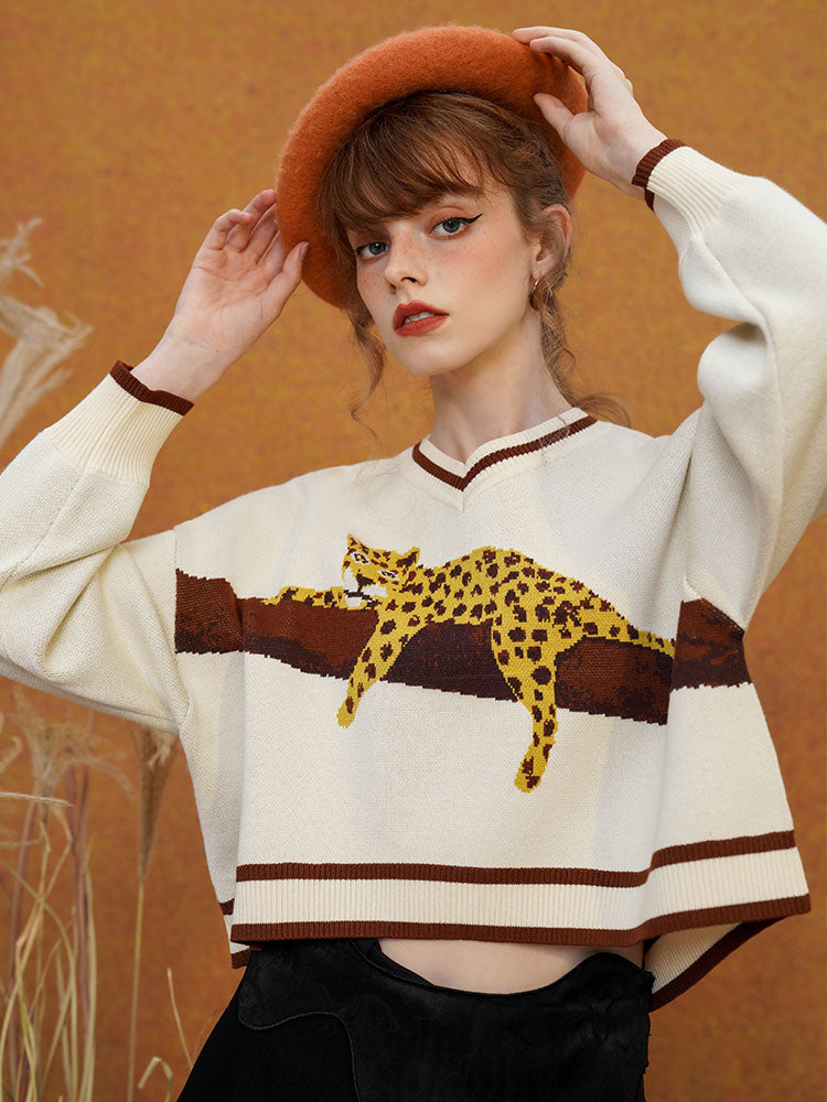 JazzHer 2024 Fall Fashion A Leopard Knit Sweatshirt That Stays On The Tree