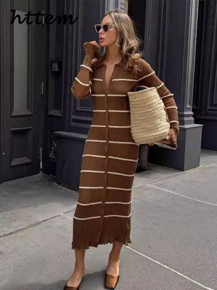 JazzHer Elegant Knitted Striped Flare Sleeve Long Dress Women Slim Lapel Single Breasted Female Contrast Dresses 2024 Autumn Lady Robes