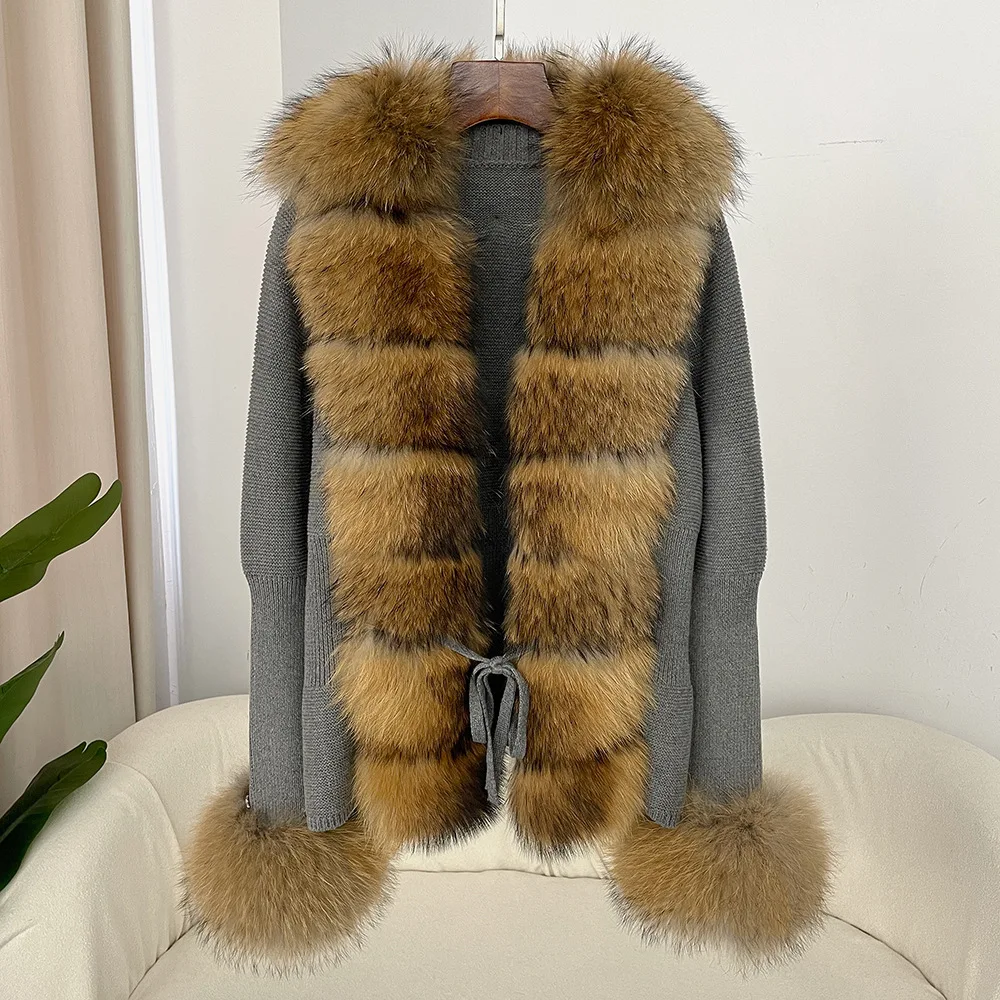 cold weather outfits JazzHer Autumn/winter New Arrival Detachable Real Fox Fur Placket Sleeve Opening Knitted Top Leather Jacket V-neck Pullover