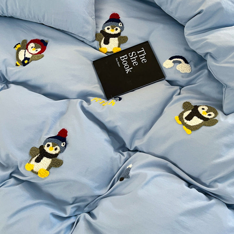 JazzHer Penguin Diary Embroidery Bedding Set Twin Queen Duvet Cover Set Pillowcase for Adult Kids Bed Flat Sheet Cute Quilt Cover Kawaii