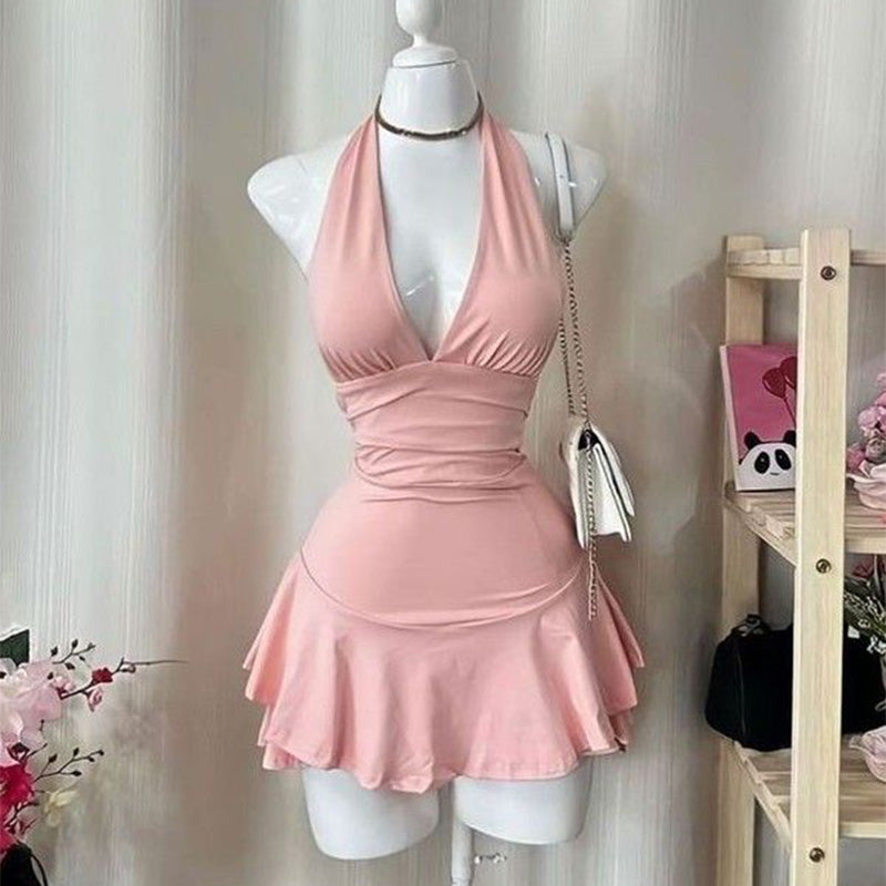 JazzHer Cute solid color Women's mini halter dress retro Y2K streetwear sweet casual Harajuku sexy slim emo girls hip hop new baby dress