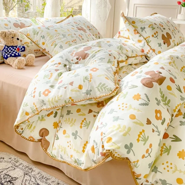 JazzHer Lovely Pastoral Girls Flower Bedding Set, Soft Washed Cotton Bed Linens For Dreamy Nights, Simple Bedspread And Home Textile