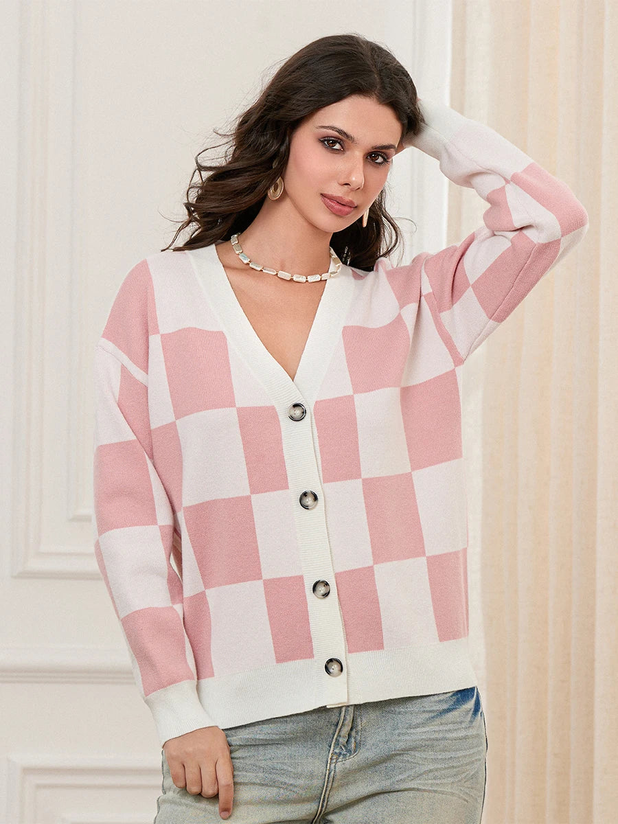 thanksgiving outfit JazzHer Women's Autumn Winter Knit Cardigan Long Sleeve V Neck Checkerboard Print Knitwear Sweater