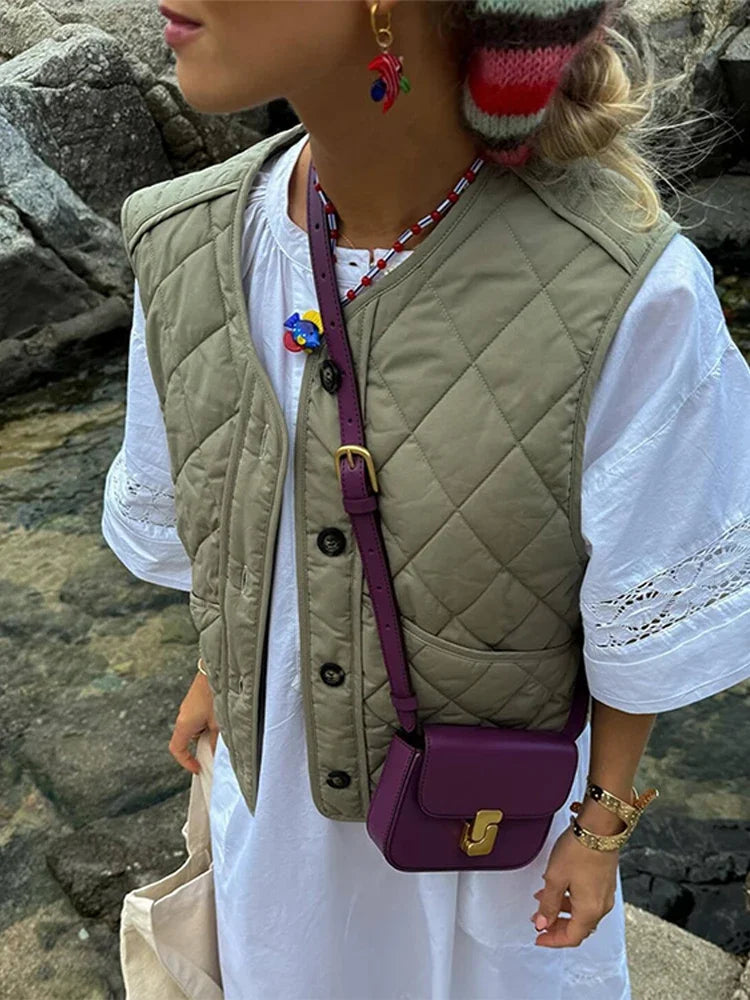 thanksgiving outfit JazzHer Casual Patchwork Plaid Vest Women Green O Neck Single Breasted Sleeveless Pockets Waistcoat 2024 Autumn All Match Vests Coat