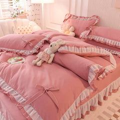 JazzHer Green Bedding Sets Kawaii Seersucker Bed Sheet Pillowcase Fashion Girl Princess Duvet Cover 4 Pieces Cute Home Decoration