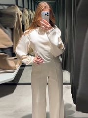 thanksgiving outfit JazzHer Elegant Top Pants Sets Women Long Sleeve O-neck Pleated Slim Waist Tops Wide Leg Trousers 2024 Autumn Fashion Office Lady Suits