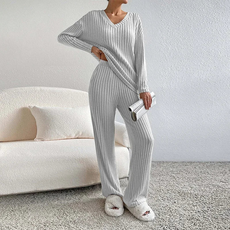 thanksgiving outfit JazzHer Casual Knitted Ribbed Pants Sets Women Solid Loose V Neck Long Sleeve Pullover Long Trousers 2024 Autumn New in Matching Outfits