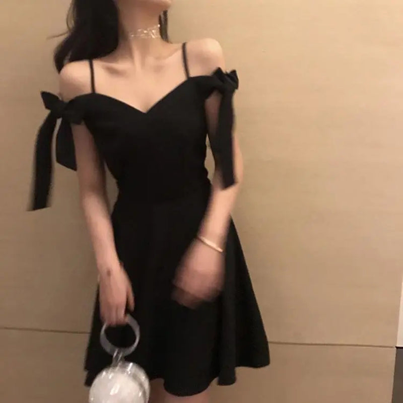 JazzHer Summer Dress Women Black Elegant Chic Tie Bow Slash Neck Dress Korean A Line Backless Party Solid Vestidos New