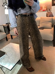 thanksgiving outfit JazzHer Vintage Leopard Jeans Women Casual Loose High Waist Straight Pants Female 2024 Sping Chic Hip Hop Y2k Fashion Streetwear Lady