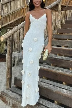 JazzHer Elegant 3D Flower Knit Sling Dress Women Sexy Bodycon V-neck Sleeveless Female Long Dresses 2024 Summer Fashion Lady Beach Robes