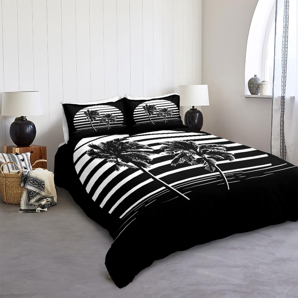 JazzHer Coconut Palm Tree Bedding Set Tropical Plant Home Textile Black White Duvet Cover Set Palm Leaves Bedclothe Tropic Bed Linen