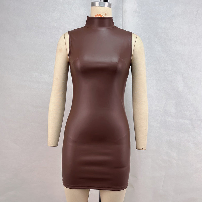JazzHer Sleeveless High Collar PU Leather Dress Sundress Tights Package Hip Bodycon Mini Dresses 2025 New Sexy Clubwear Vestido Robe