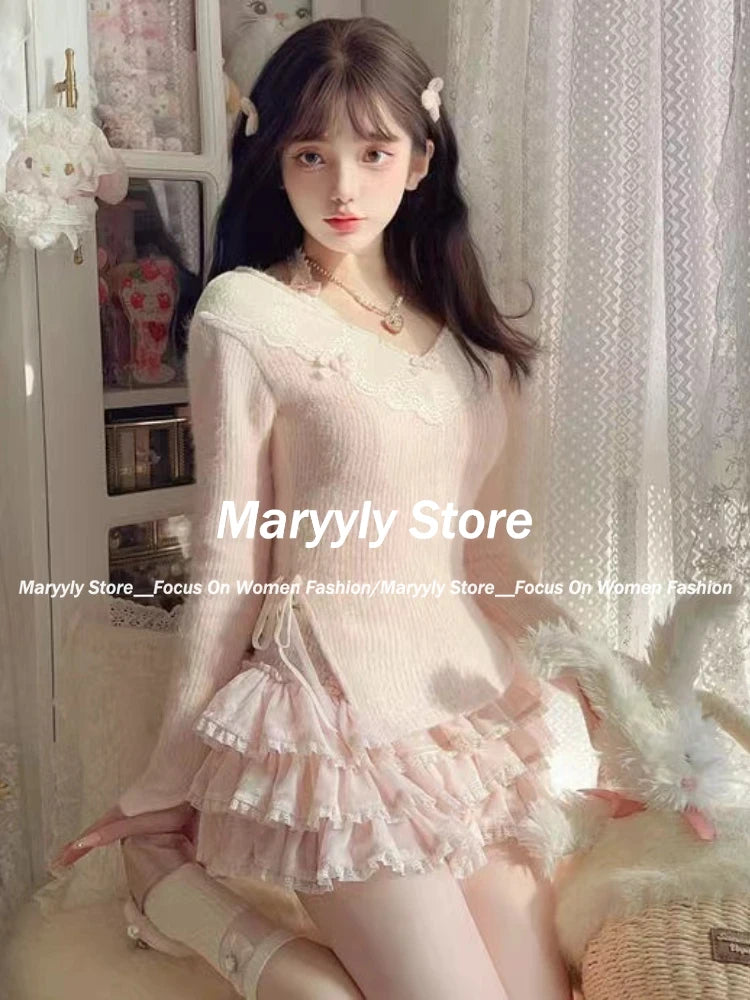 JazzHer Japaneses Kawaii Two Piece Set Women Sweet Lace Bow Tops + Y2k Mini Cake Skirt Autumn Winter Elegant Knitted Skirt Suits Chic