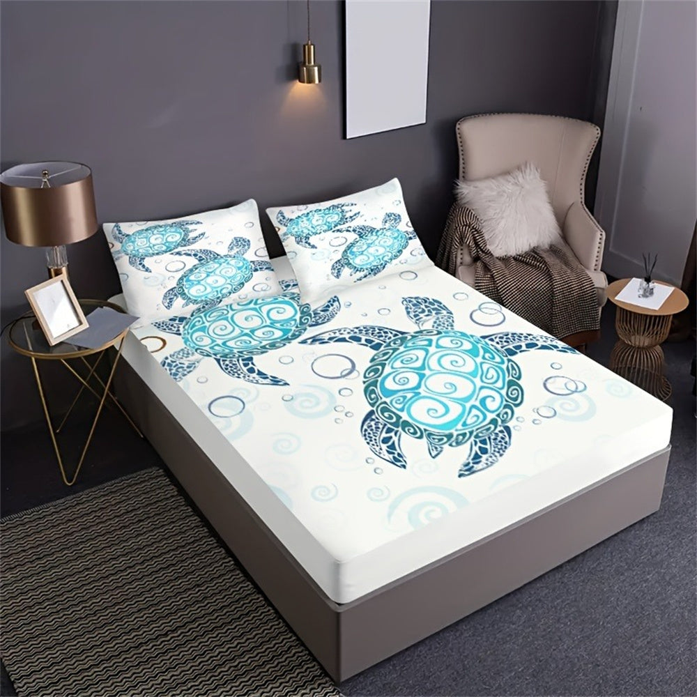 JazzHer Fashion Style Sea Turtle Print Fitted Sheet Set Mattress Covers Comfortable Breathable Bedding Set With Deep Pocket for Bedroom