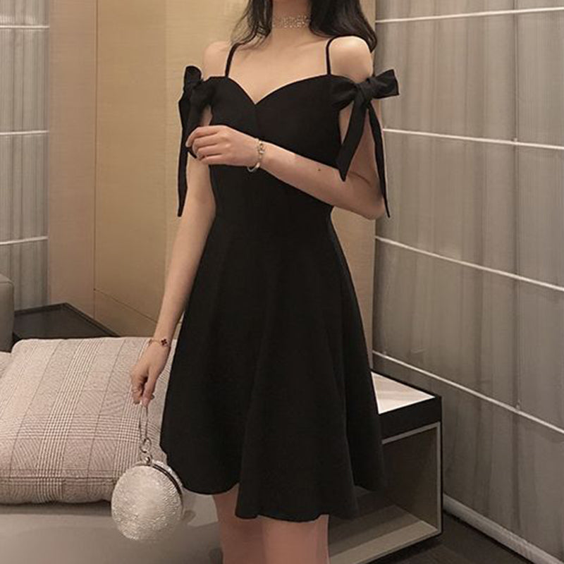 JazzHer Summer Dress Women Black Elegant Chic Tie Bow Slash Neck Dress Korean A Line Backless Party Solid Vestidos New