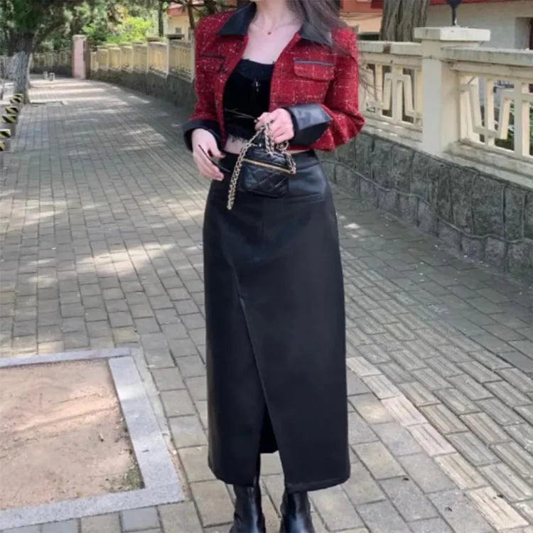 cold weather outfits JazzHer High-End Cropped Jacket Women's Niche Design Red Tweed Style Wine Autumn Suit Warm Feeling Leather Skirt Sexy Female Outfit