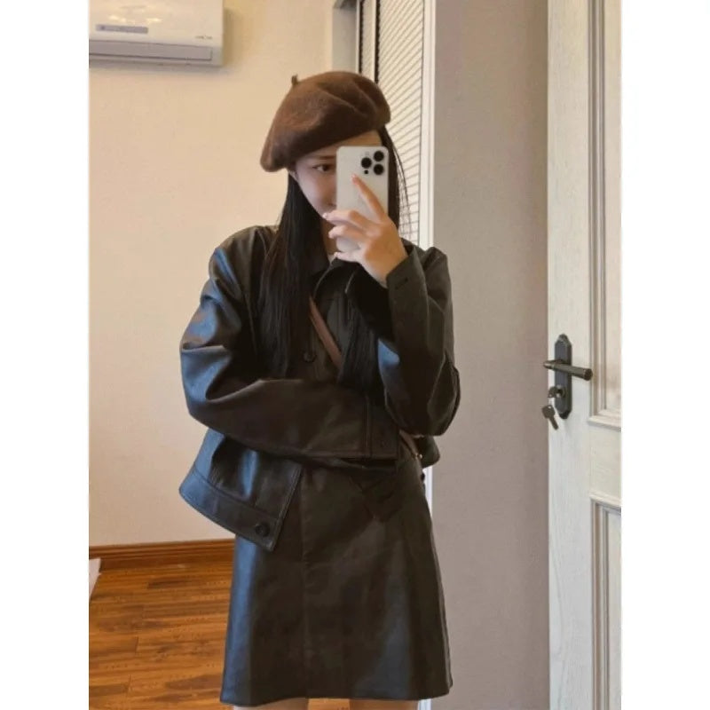 cold weather outfits JazzHer Vintage American Style Leather Jacket And Skirt Set Two-Piece Autumn/Winter Outfit Coordination Complete Set Women's Fashion