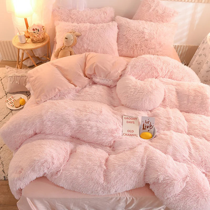 JazzHer Luxury Winter Warm Long Plush Pink Bedding Set Queen Mink Velvet Double Duvet Cover Set with Fitted Sheet Warmth Quilt Covers