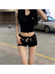 christmas outfit JazzHer Women Goth Black Denim Shorts Low Waist Mini Shorts Y2k 90s Aesthetic Streetwear Korean Vintage Cowboy Shorts Emo 2000s Clothes