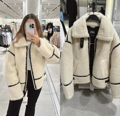 cold weather outfits JazzHer Mall Style Sheep Fur Fleece Jacket Autumn/winter Warm Comfortable Slimming Jacket Motorcycle Clip-on Leather Coat