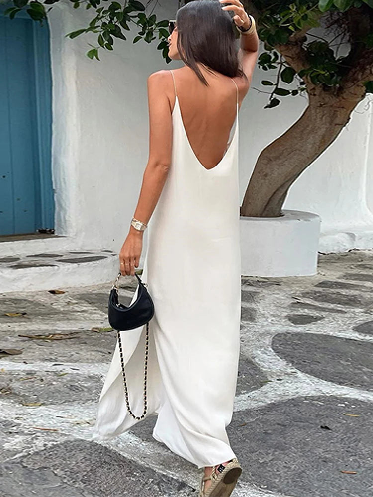 JazzHer Elegant Satin V-neck Split Maxi Dress Women Loose Backless Sleeveless Female Dresses 2024 Summer Lady White Holiday Beach Robes