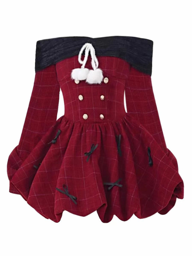 JazzHer 2025 Spring Christmas Red Elegant Party Dress Women Casual Sweet Plaid Bow Dresses Female Korean Fashion Chic Kawaii Mini Dress
