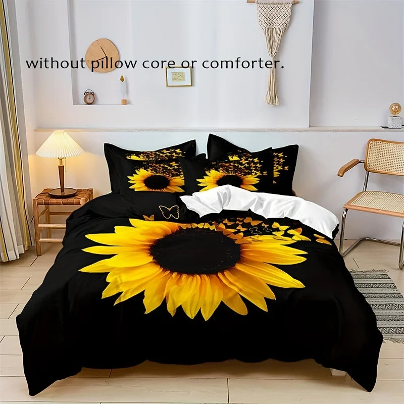 JazzHer 3pcs Fashion Duvet Cover Set, Sunflower Print Bedding Set With Zipper Closure, Soft Comfortable Duvet Cover