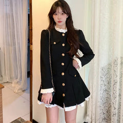 JazzHer French Plaid Dresses Women Autumn Winter New Ruffles O Neck Single Breasted Pleated Dress Korean Slim Elegant Vintage Vestidos