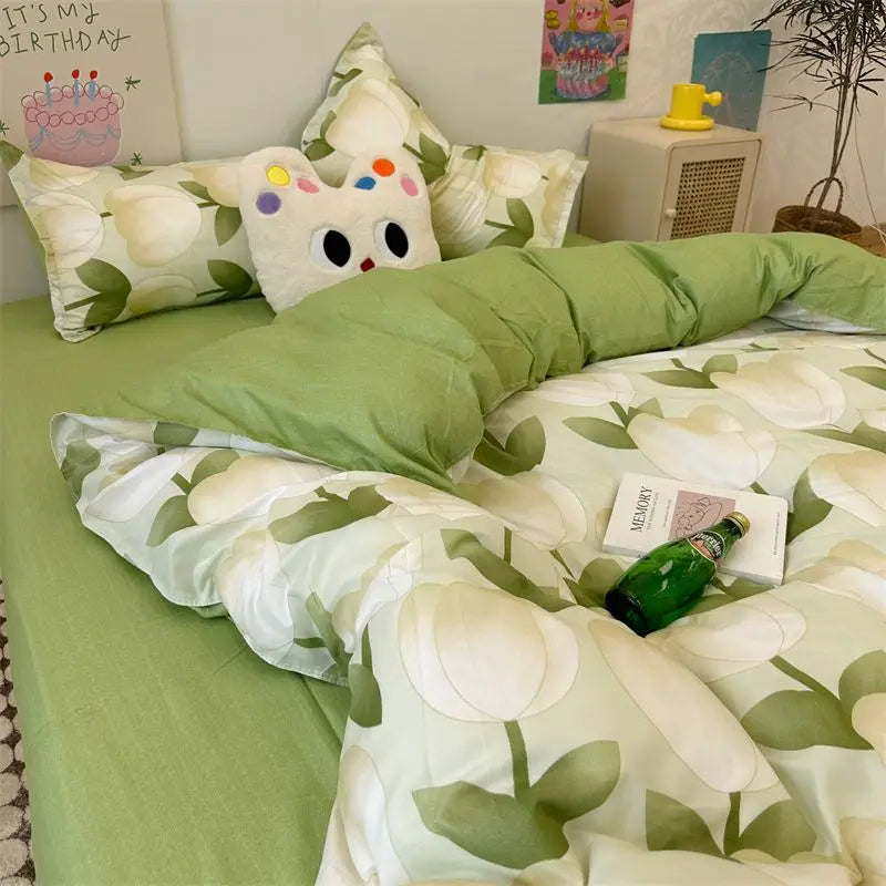 JazzHer Korean Style Bedding Set Boys Girls Twin Queen Size Duvet Cover Flat Sheet Pillowcase Bed Linens Kids Adult Fashion Home Textile