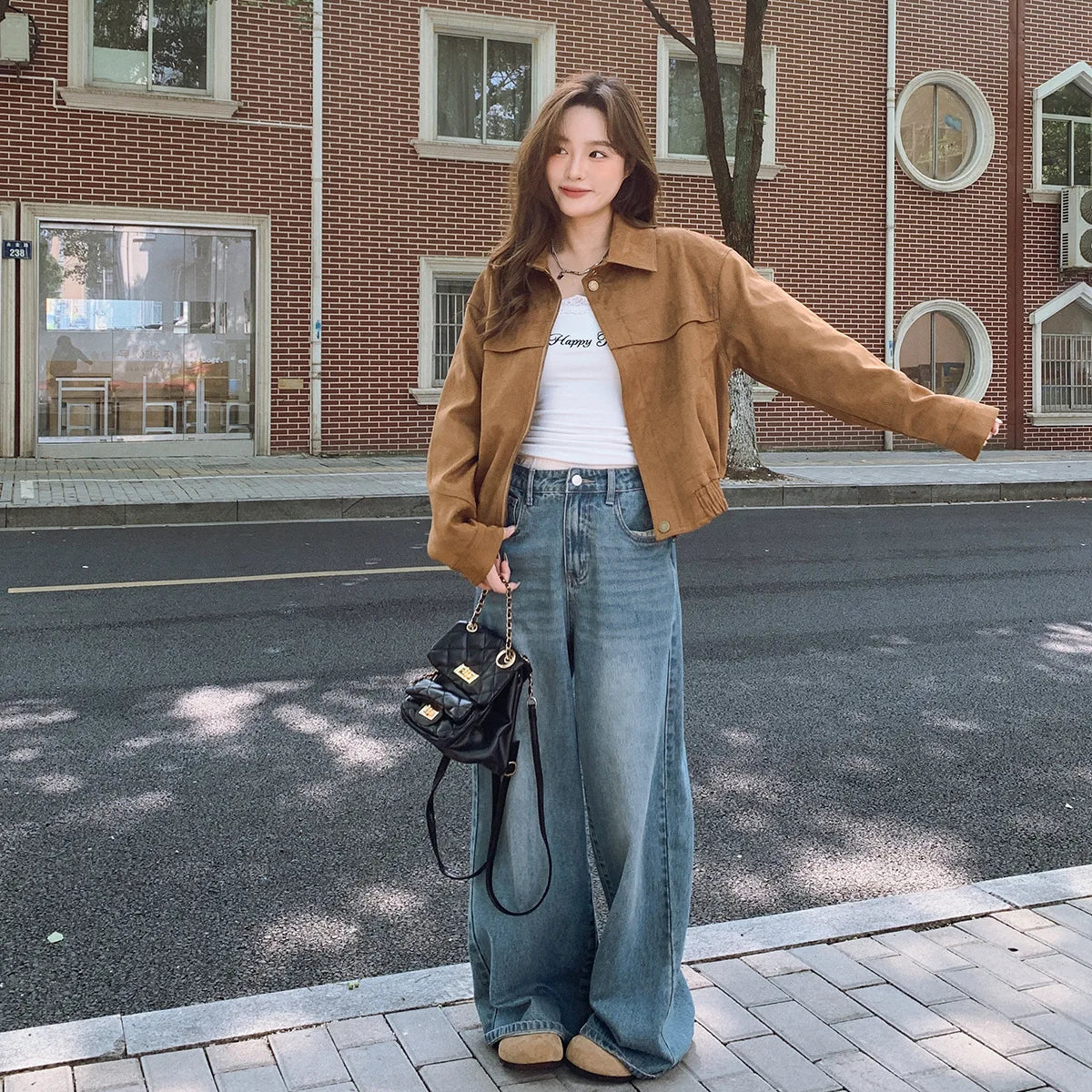 cold weather outfits JazzHer Coffeechamois Leather Chic Jacket 2024 Autumn New Simple Style Blogger Ins Sense Fresh Top Loose Fit Short Outerwear