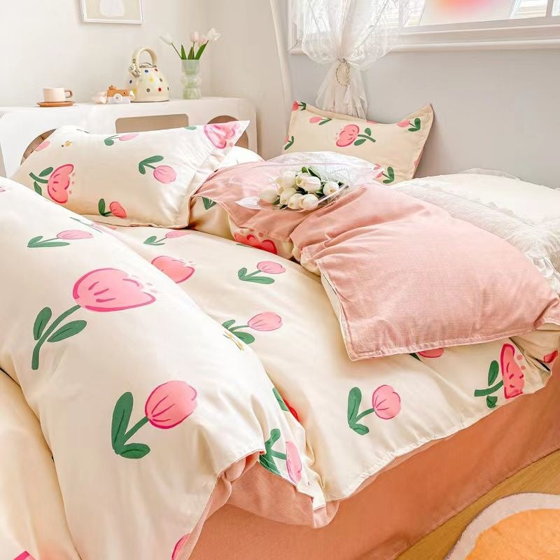 JazzHer Ins Cream Cherry Bedding Set Cartooon Fruit Duvet Cover Polyester high quality Linen Bedroom Decor Home Textile For Girls Kids