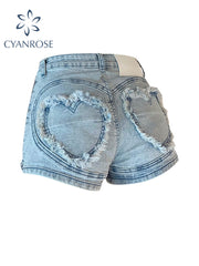 christmas outfit JazzHer Women Jean Shorts 2025 Summer Loose High Waist Blue Baggy Heart Denim Shorts Korean Style Casual Y2k Wide Leg Short Pants Bottom